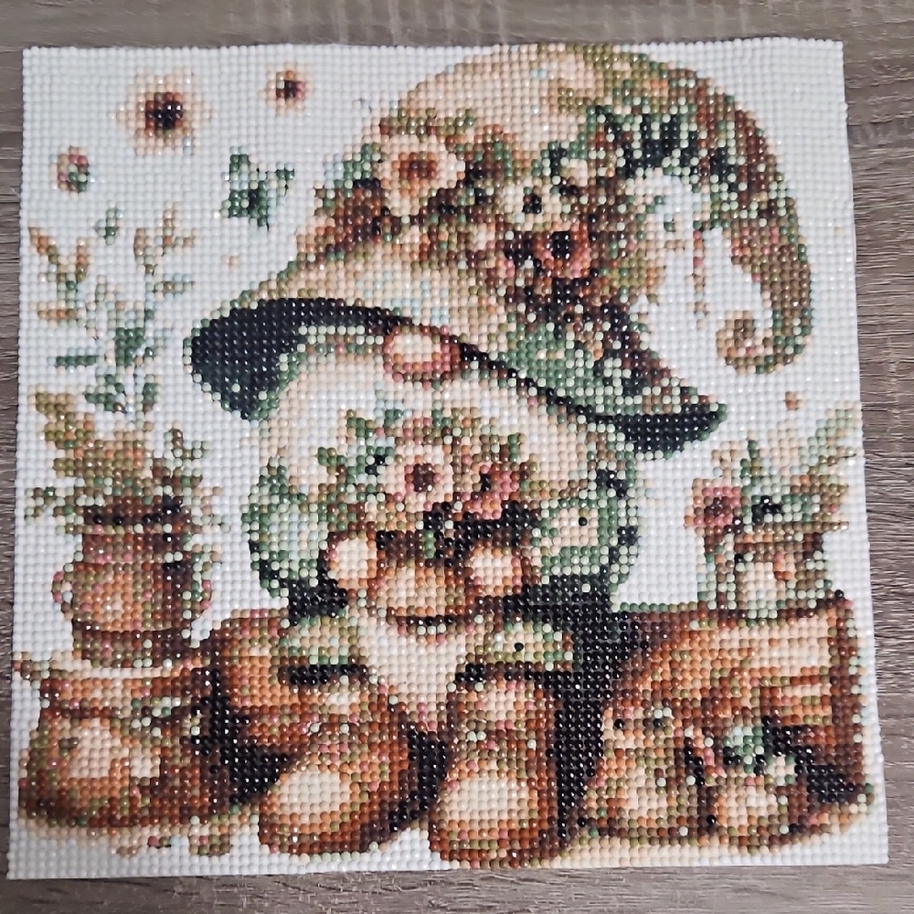 Floral Gnome Completed Diamond Painting. 30x30 cm. No Frame